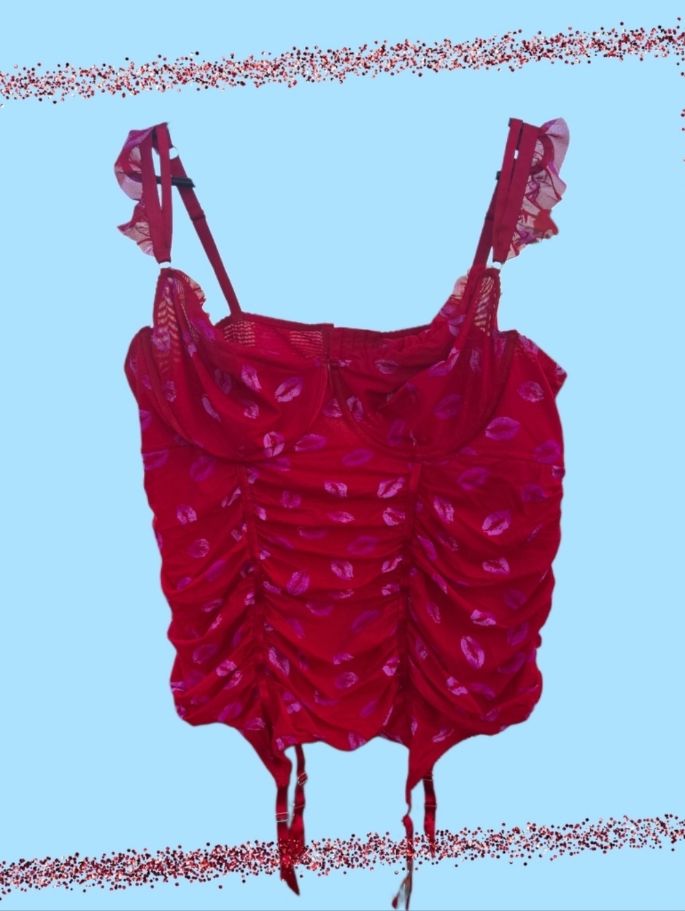 torrid Red Ruched Lip-Print Camisole with Ruffle Straps